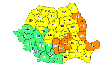 Meteorologii au actualizat avertizarea de vreme rea – Cod galben şi portocaliu, până luni dimineaţă, în cea mai mare parte a ţării  