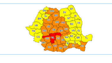 Judeţul Vâlcea şi zona montană şi submontană a judeţelor Gorj şi Argeş, sub avertizare cod roşu de ploi abundente. Celelalte zone ale ţării, sub coduri galbene şi portocalii de precipitaţii - HARTA