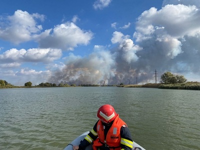 Incendiu de vegetaţie în Delta Dunării, în apropiere de Sulina, pe o suprafaţă de 10 hectare/ Zona este înconjurată de canale şi nu există pericol de propagare a focului la locuinţe - FOTO
