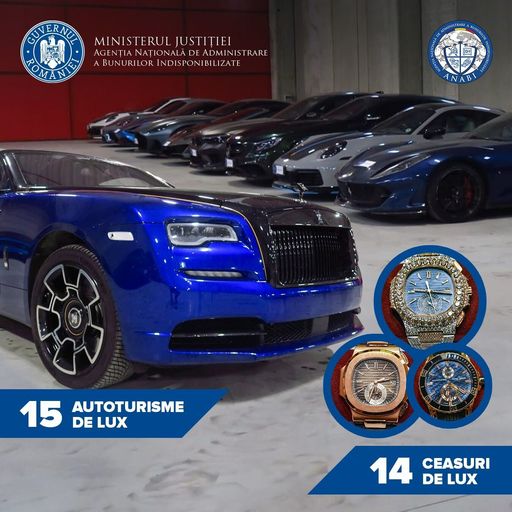 Autoturisme, ceasuri şi sume de bani cu o valoare totală de aproximativ 18 milioane lei, preluate de ANABI în urma percheziţiilor la fraţii Tate, după sechestrul pus de DIICOT