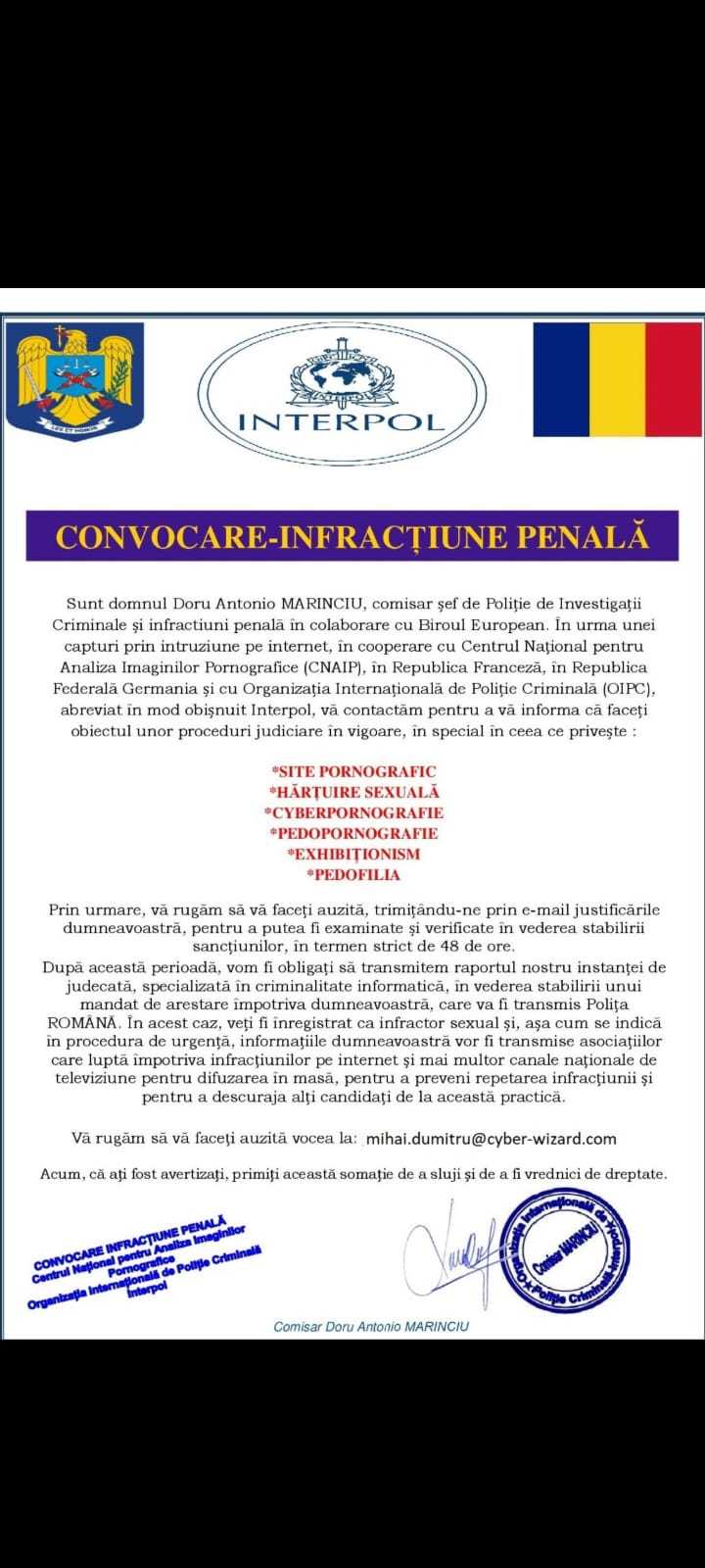 Poliţia Română îi avertizează pe cei care au primit email cu mesajul ”Alertă de tentative de atac cibernetic” că este un fals