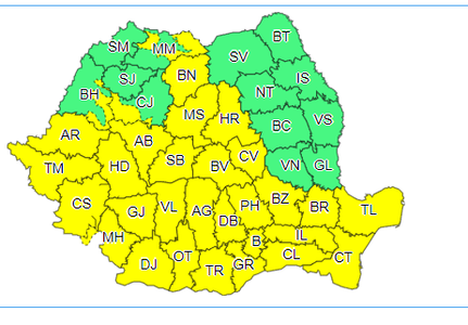 Cod galben de furtuni, în cea mai mare parte a ţării, până la ora 23.00 / Sunt aşteptate frecvente descărcări electrice, averse torenţiale, intensificări de scurtă durată ale vântului, vijelii şi grindină