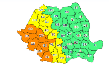 Meteorologii au emis cod galben de instabilitate atmosferică, de sâmbătă după-amiază / În Arad, Timiş, Hunedoara, Caraş-Severin, Mehedinţi, Dolj, Gorj şi în zonele de munte din Vâlcea şi Alba va fi cod portocaliu

