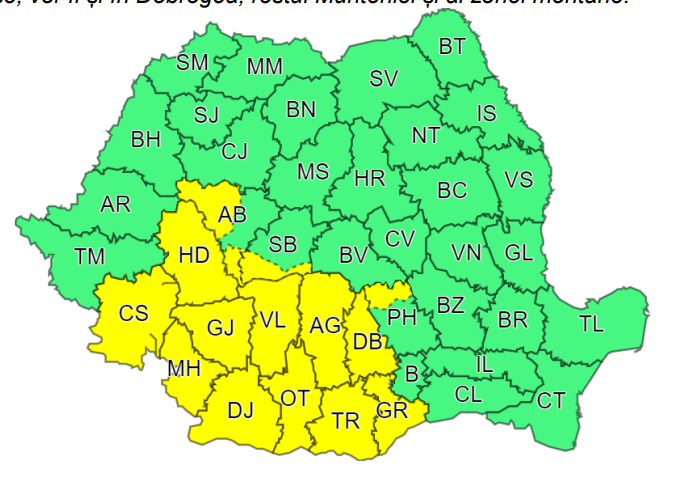 Cod galben de instabilitate atmosferică accentuată, în Oltenia, vestul Munteniei, sudul Banatului şi sud-vestul Transilvaniei, până duminică la prânz