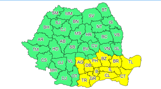 Cod galben de vânt puternic, până miercuri seară, în unsprezece judeţe şi în municipiul Bucureşti