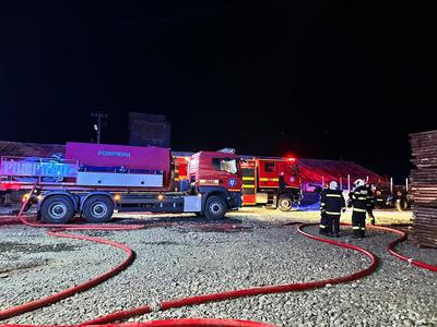 Mureş: Puternic incendiu la hale de depozitare a materialelor lemnoase din Reghin

