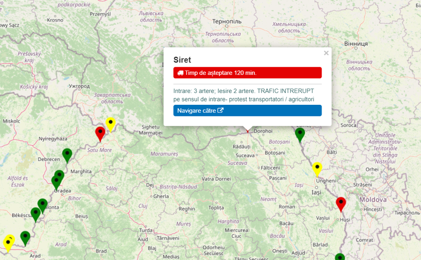 Suceava: Aproximativ 100 de persoane protestează cu peste 50 de tractoare, şase TIR-uri şi 15 autoturisme, în Vama Siret / A început activitatea de procesare a TIR-urilor din Siret către Ucraina