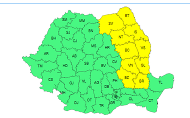 Cod galben de vânt puternic în Moldova şi nord-estul Munteniei