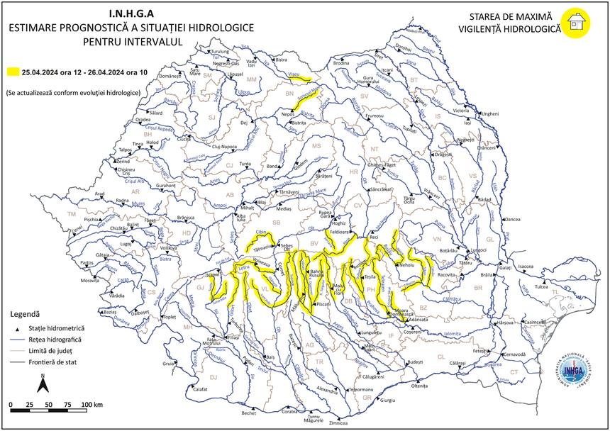 Hidrologii au emis o avertizare cod galben de viituri pe râuri din unsprezece judeţe