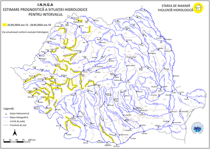 Cod galben de viituri, până vineri, în mai multe bazine hidrografice / Fenomenele se pot produce cu probabilitate şi intensitate mai mare pe unele râuri mici din judeţele Caraş-Severin şi Timiş
