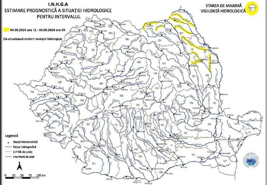 Cod galben de inundaţii în cinci judeţe, până miercuri dimineaţă