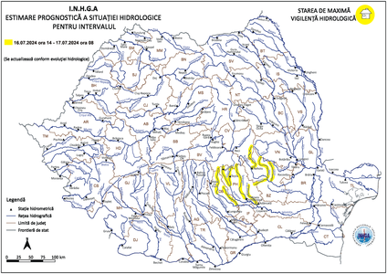 Hidrologii anunţă cod galben de viituri în şase judeţe, până miercuri dimineaţă