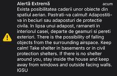 Încă o noapte în care a fost emis mesaj RO-Alert în nordul judeţului Tulcea. Locuitorii au fost avertizaţi cu privire la posibilitatea căderii unor obiecte din spaţiul aerian, în aproperea graniţei cu Ucraina