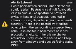 Încă o noapte în care a fost emis mesaj RO-Alert în nordul judeţului Tulcea. Locuitorii au fost avertizaţi cu privire la posibilitatea căderii unor obiecte din spaţiul aerian, în aproperea graniţei cu Ucraina