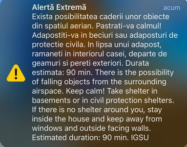 UPDATE - Mesaj RO-Alert pentru zona de nord a judeţului Tulcea prin care populaţia a fost informată că există posibilitatea căderii unor obiecte, după ce structurile cu rol de apărare din MApN au identificat drone care se apropiau de teritoriul naţional