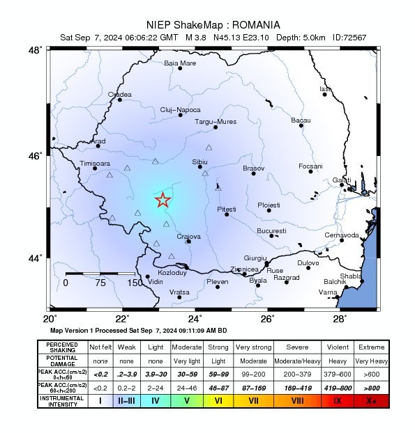UPDATE - Cutremur cu magnitudinea 3,8 în judeţul Gorj / ISU Gorj: Nu s-au raportat probleme pe numărul 112
