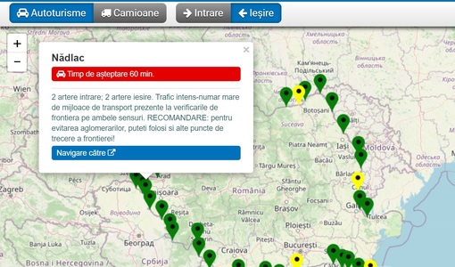 Coloane de maşini la patru puncte de trecere a frontierei spre Ungaria, unde timpul de aşteptare pentru autoturismele care ies din ţară este de o oră