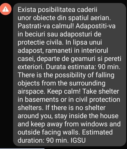 Mesaj RO-Alert pentru Tulcea şi Constanţa privind riscul căderii unor obiecte din spaţiul aerian, în urma unui atac al Federaţiei Ruse asupra Ucrainei, în apropierea graniţei cu România 
