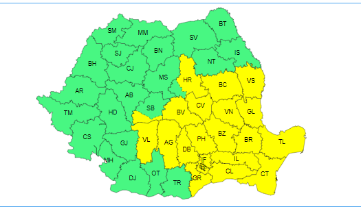 Cod galben de ploi, miercuri, în Dobrogea, cea mai mare parte a Munteniei, jumătatea de sud a Moldovei, estul şi sud-estul Transilvaniei şi nord-estul Olteniei