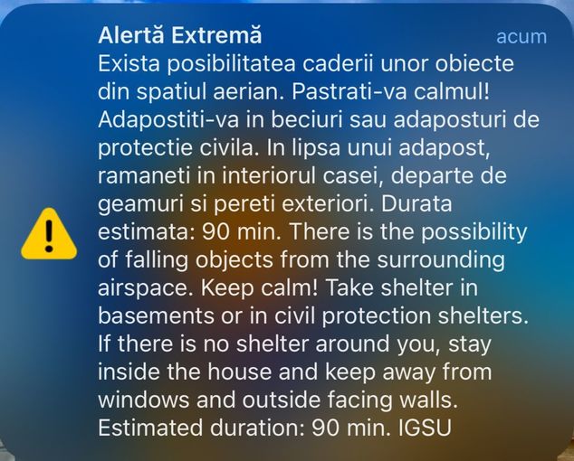 Mesaj RO-Alert pentru nordul judeţului Tulcea după ce a fost reperat un grup de drone care se îndreptau către ţinte de pe teritoriul ucrainean aflate la graniţa cu România
