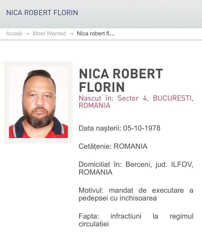 Bărbat urmărit internaţional şi inclus în categoria Most Wanted a Poliţiei Române, prins/ El are două condamnări la închisoare, pentru infracţiuni rutiere şi pentru deţinere de droguri de mare risc