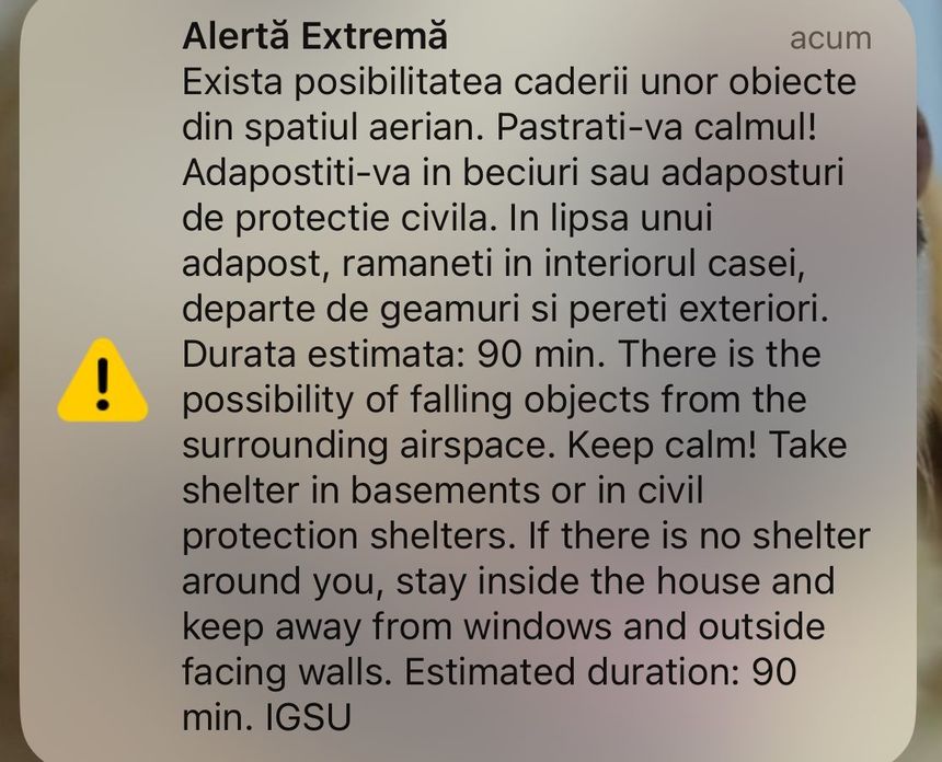 UPDATE - Mesaj RO-Alert pentru zona de nord a judeţului Tulcea privind riscul căderii unor obiecte din spaţiul aerian, în urma unui nou atac al Rusiei pe teritoriul Ucrainei/ MApN: Patru aeronave militare au fost ridicate 