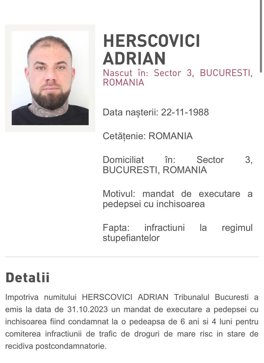 Urmărit internaţional pentru trafic de droguri, prins în Bucureşti / Bărbatul a fost condamnat la şase ani şi patru luni de închisoare