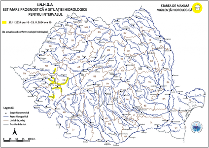 Cod galben de inundaţii emis de hidrologi, valabil de vineri după-amaiză până sâmbătă dimineaţă. Vor fi afectate bazinele hidrografice Mureş, Bega şi Timiş