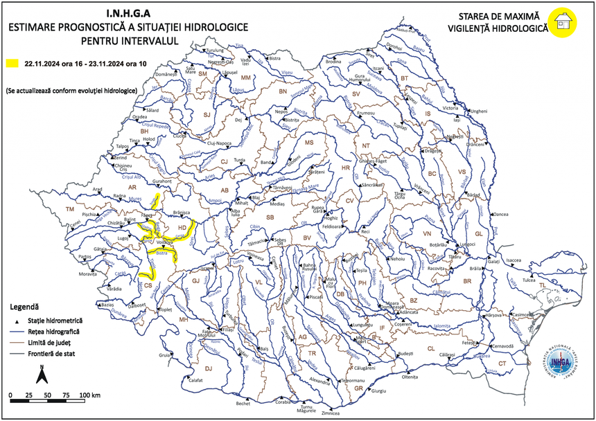 Cod galben de inundaţii emis de hidrologi, valabil de vineri după-amaiză până sâmbătă dimineaţă. Vor fi afectate bazinele hidrografice Mureş, Bega şi Timiş