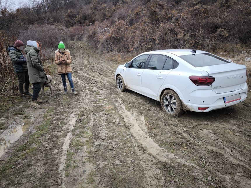 Trei turişti francezi au rămas cu maşina blocată în noroi pe un drum greu accesibil către Trovanţii de la Ulmet/ Au fost recuperaţi de jandarmi şi duşi la locul de cazare FOTO