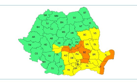 ANM - Cod portocaliu de vânt în estul Munteniei şi pe litoral. Cod galben în Muntenia, Dobrogea, centrul şi sudul Moldovei, până joi seară - HARTA