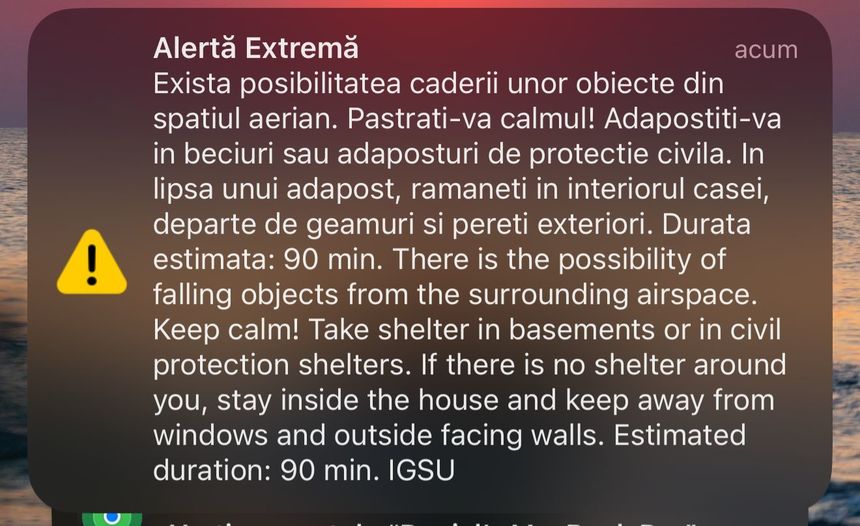 Locuitorii din nordul judeţului Tulcea au primit un mesaj RO-Alert privind riscul căderii unor obiecte din spaţiul aerian