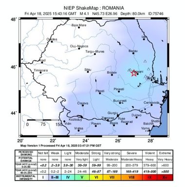 Cutremur cu magnitudinea 4,1, în judeţul Vrancea


