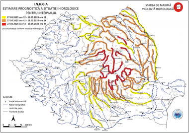 Hidrologii au extins Codul roşu de inundaţii pentru judeţe din Transilvania, Moldova şi Muntenia/ Au fost actualizate şi Codurile galben şi portocaliu/ Viituri, creşteri de debite şi niveluri pe unele râuri, depăşiri ale cotelor de apărare HARTA