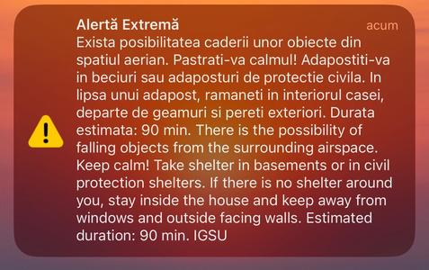 UPDATE - Mesaj RO-Alert transmis în zona de graniţă cu Ucraina / Populaţia avertizată că există posibilitatea să cadă obiecte din spaţiul aerian/ Nu au fost înregistrate apeluri la numărul unic de urgenţă 112 

