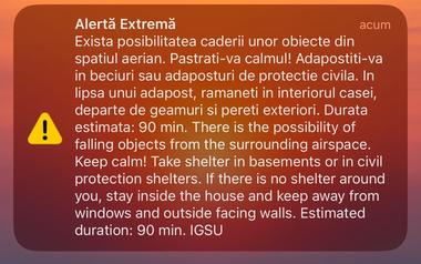Mesaj RO-Alert transmis în zona de graniţă cu Ucraina / Populaţia avertizată că există posibilitatea să cadă obiecte din spaţiul aerian