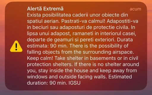 UPDATE - Mesaj RO-Alert transmis în zona de graniţă cu Ucraina / Populaţia avertizată că există posibilitatea să cadă obiecte din spaţiul aerian/ Nu au fost înregistrate apeluri la numărul unic de urgenţă 112 

