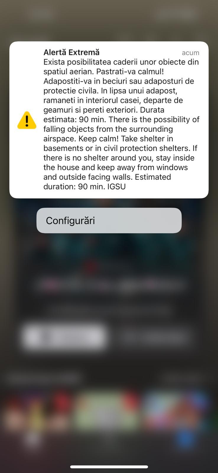 Nou mesaj RO-Alert în zona de granită cu Ucraina – Populaţia avertizată privind posibilitatea căderii unor obiecte din spaţiul aerian
