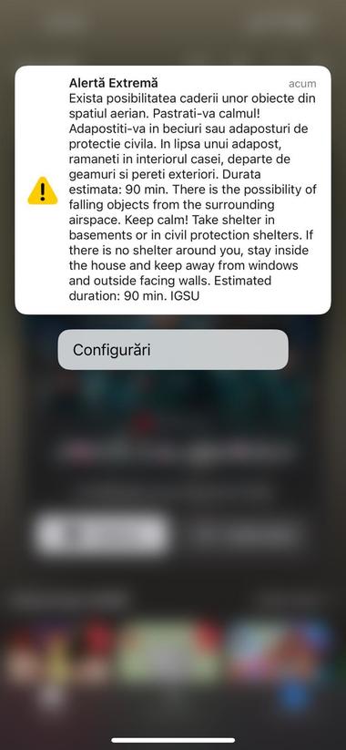 Nou mesaj RO-Alert în zona de granită cu Ucraina – Populaţia avertizată privind posibilitatea căderii unor obiecte din spaţiul aerian