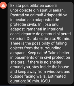 Nou mesaj RO-Alert în zona de granită cu Ucraina – Populaţia avertizată privind posibilitatea căderii unor obiecte din spaţiul aerian