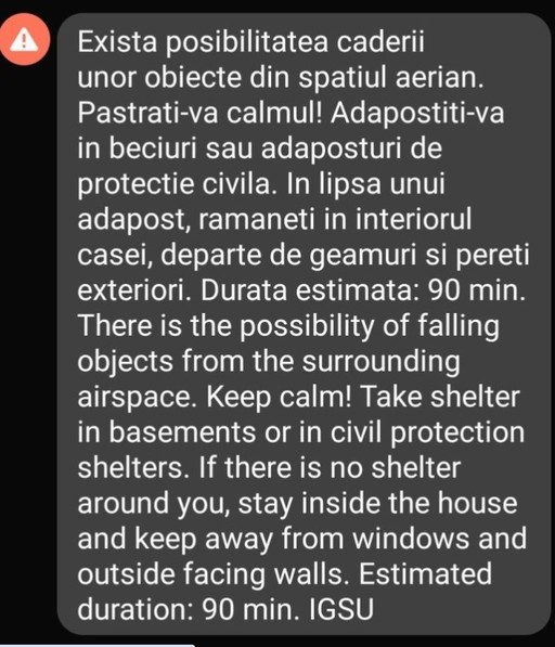 Nou mesaj RO-Alert în zona de granită cu Ucraina – Populaţia avertizată privind posibilitatea căderii unor obiecte din spaţiul aerian