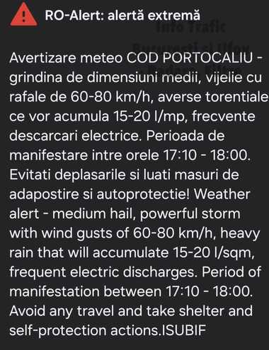 Cod portocaliu de furtună în Bucureşti / Se anunţă rafale de vânt de 80 de kilometri la oră / Autorităţile au emis mesaj RO-Alert