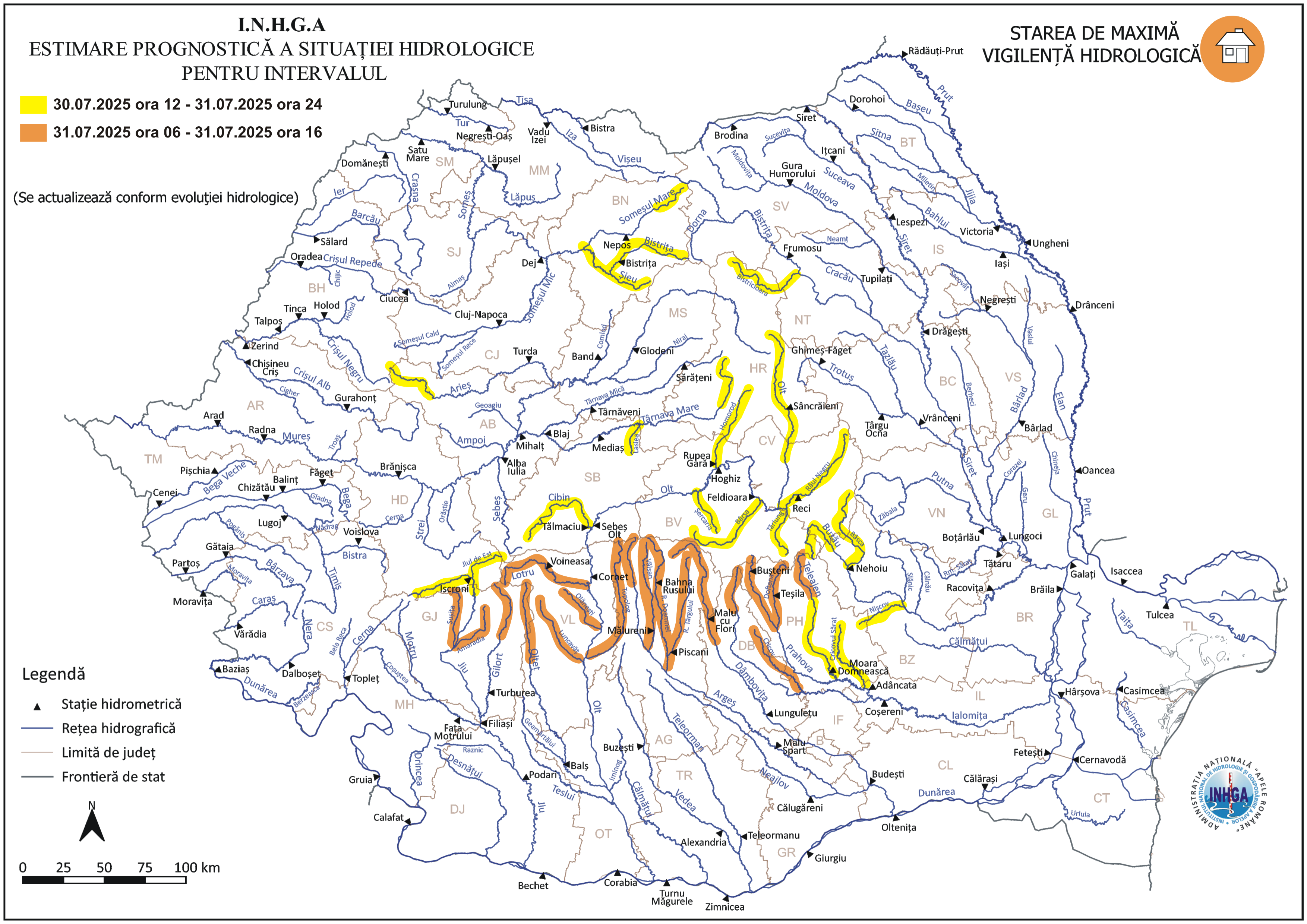Risc de viituri în Oltenia, Muntenia, Transilvania şi Moldova / Au fost emise avertizări cod galben şi cod portocaliu