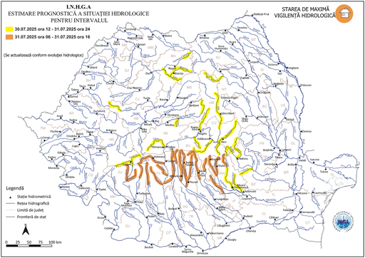 Risc de viituri în Oltenia, Muntenia, Transilvania şi Moldova / Au fost emise avertizări cod galben şi cod portocaliu

