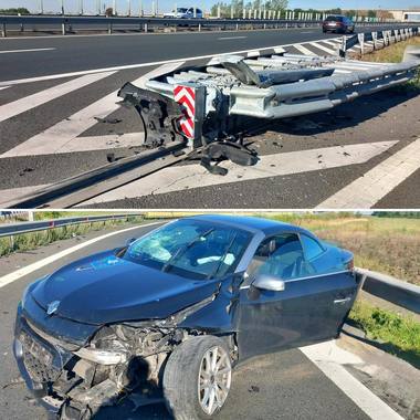Accident pe autostradă în judeţul Timiş / Un autoturism a intrat în atenuatorul de şoc de pe breteaua de ieşire de pe autostradă / O persoană a fost rănită - FOTO