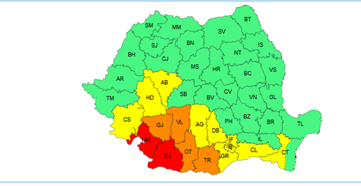 Cod roşu de caniculă în judeţele Mehedinţi şi Dolj, unde temperaturile ajung la 41 de grade / Cod portocaliu în Olt, Teleorman, Gorj şi Vâlcea / Vânt în mai multe judeţe ale ţării