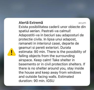 Mesaj RO-Alert în zona de nord a judeţuşui Tulcea despre posibilitatea căderii unor obiecte din spaţiul aerian – Durata alarmei aeriene, aproximativ 90 de minute