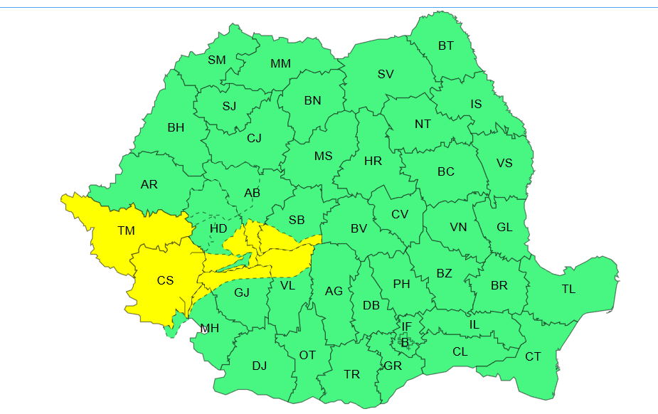 Averse însemnate cantitativ şi intensificări temporare ale vântului, până vineri seară / A fost emis cod galben pentru mai multe judeţe ale ţării