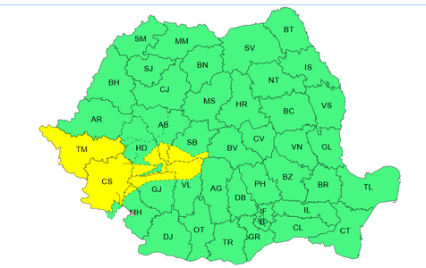 Averse însemnate cantitativ şi intensificări temporare ale vântului, până vineri seară / A fost emis cod galben pentru mai multe judeţe ale ţării

