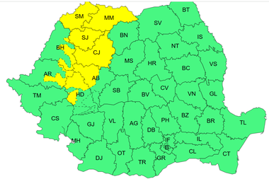 Meteorologii au emis o nouă avertizare cod galben de ploi însemnate cantitativ, fiind vizate judeţele Maramureş, Satu-Mare, Sălaj, Cluj şi Munţii Apuseni
